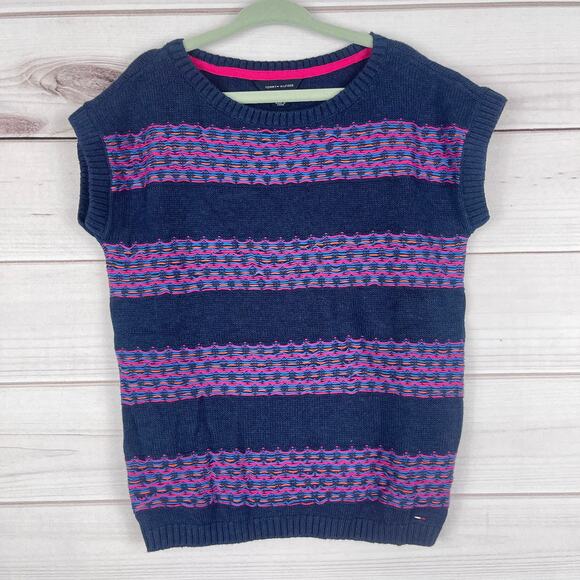 Tommy Hilfiger Girls XS 4/5 Knit Short Sleeve Sweater‎ Striped Navy Pink - Picture 1 of 7